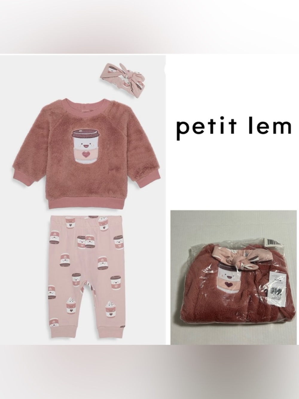 🆕PETIT LEM - 6M - NWT - INFANT GIRLS 3PC PINK COFFEE / LATTE OUTFIT SET